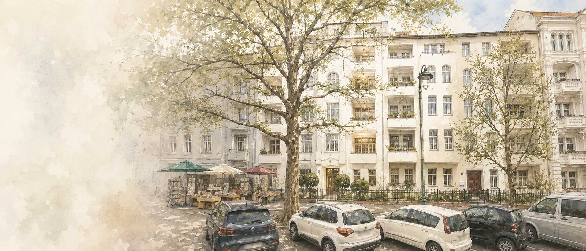 Illustration des Altbaus Bundesplatz 5 in Berlin-Wilmersdorf mit Bäumen und Straßenlaterne